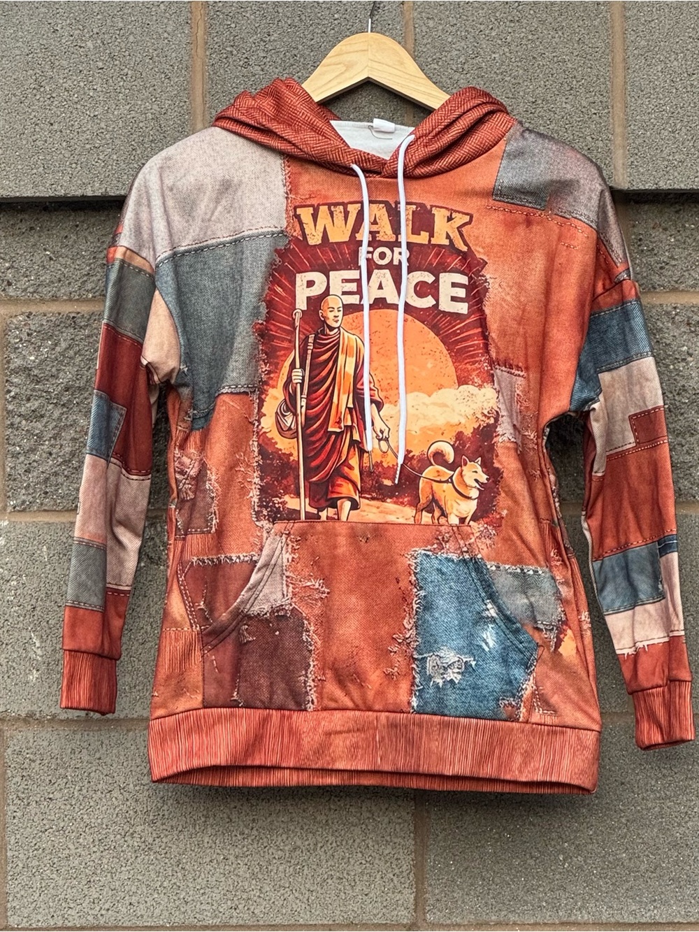 Men’s Patchwork "Walk for Peace" Hoodie Buddhist Monk Dog Graphic Print Small